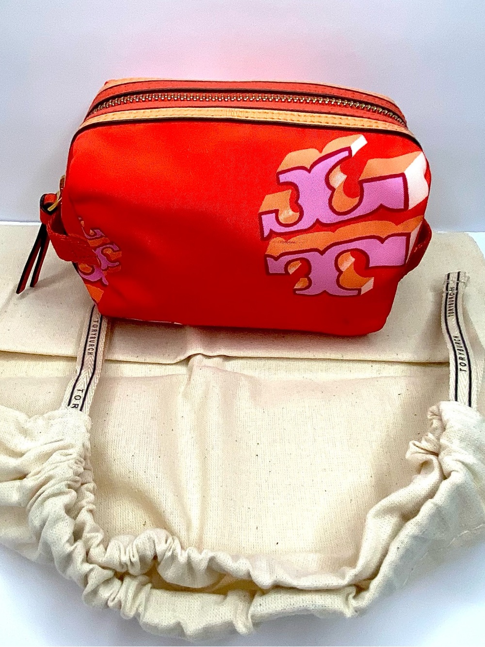 Tory Burch Red Logo Cosmetic Pouch 5” approximately w free tory dust bag